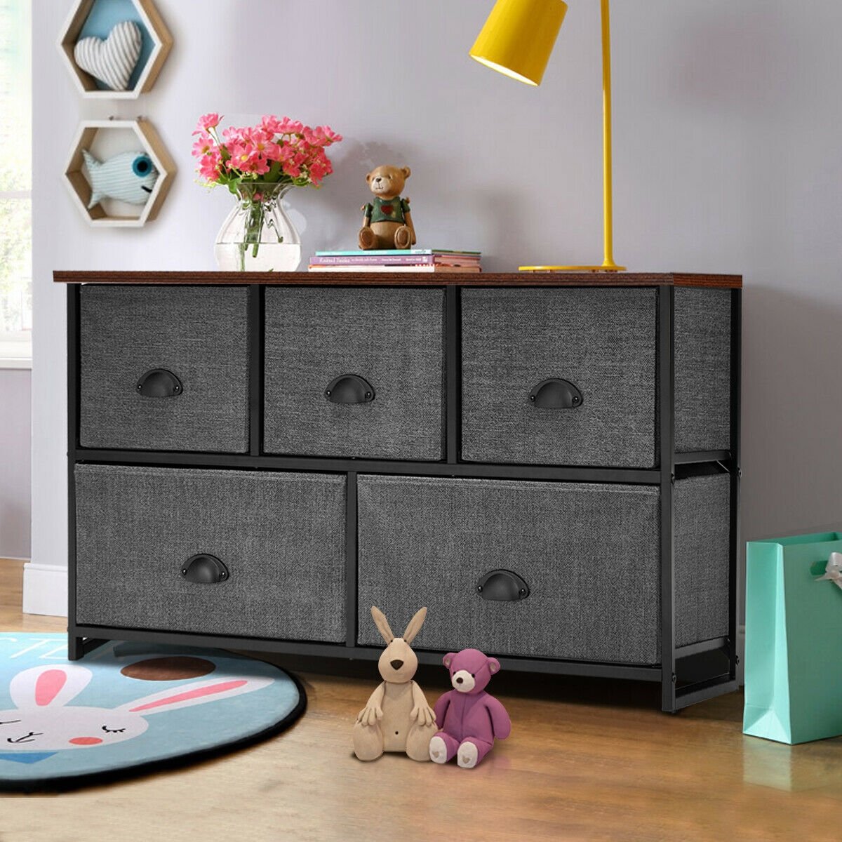 Dresser Storage Tower with 5 Foldable Cloth Storage Cubes-Black