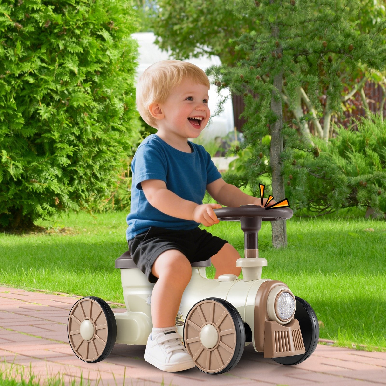 Ride on Toy with Steering Wheel and Train Whistle Sound Button-Beige