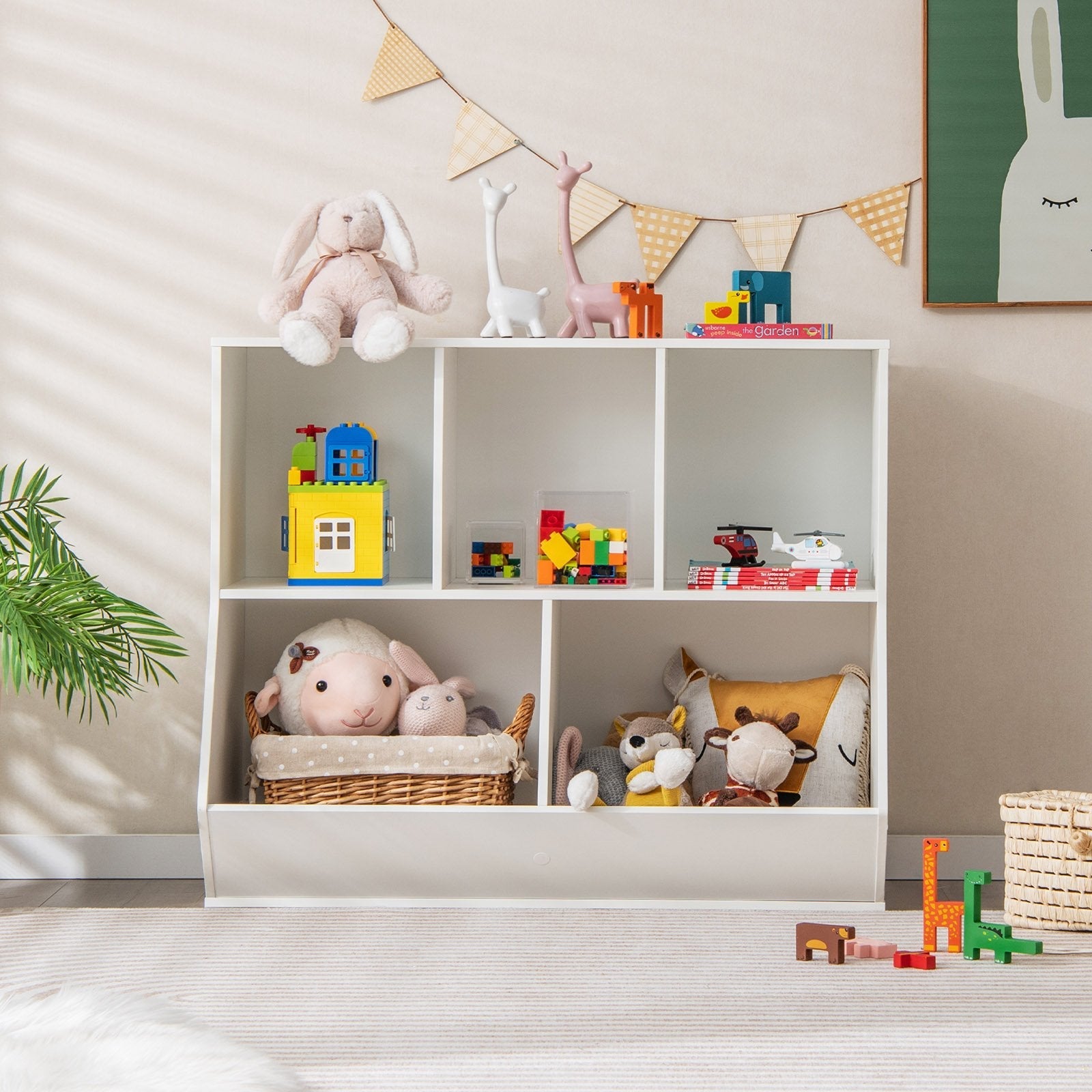 5-Cube Wooden Kids Toy Storage Organizer with Anti-Tipping Kits-Natural