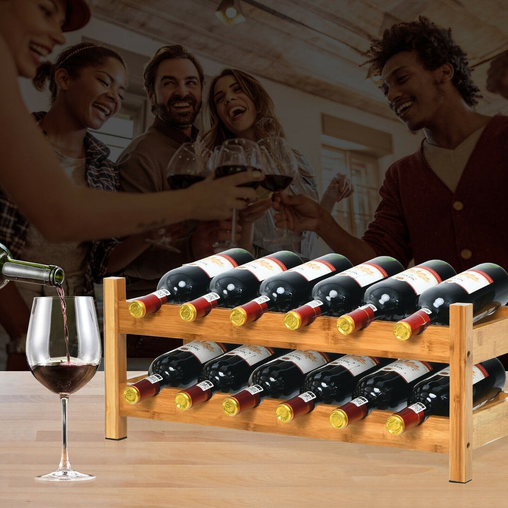 12 Bottles 2-Tier Bamboo Storage Shelf Wine Rack-Brown