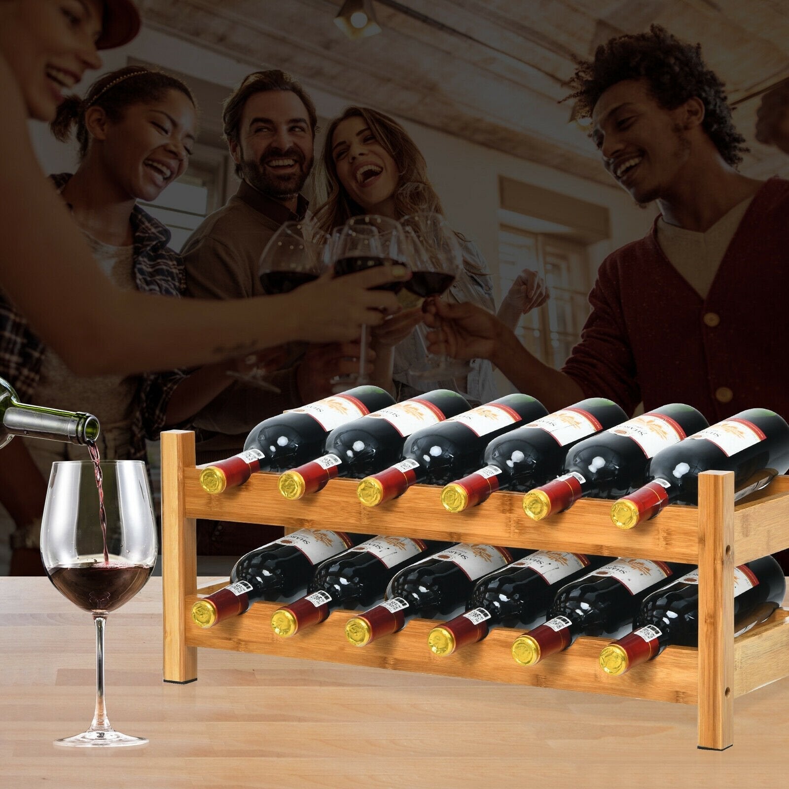 12 Bottles 2-Tier Bamboo Storage Shelf Wine Rack-Brown