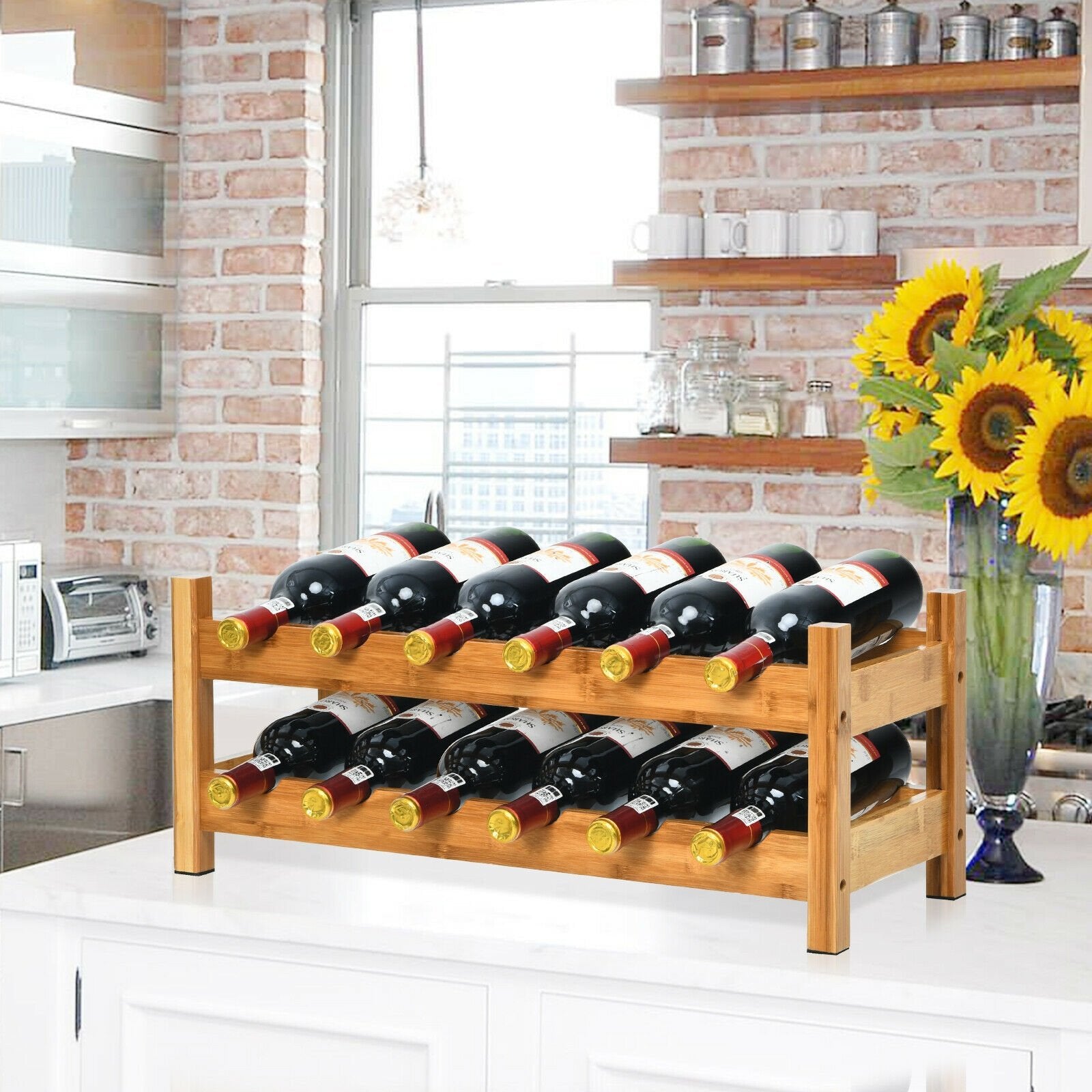 12 Bottles 2-Tier Bamboo Storage Shelf Wine Rack-Brown