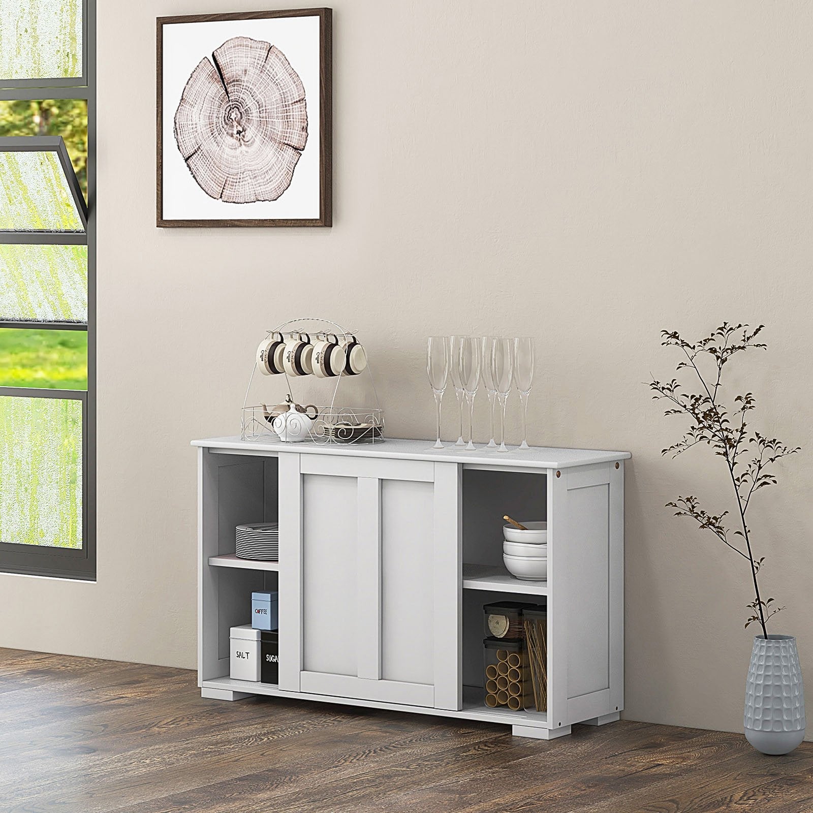 Kitchen Storage Cupboard Cabinet with Sliding Door-Black