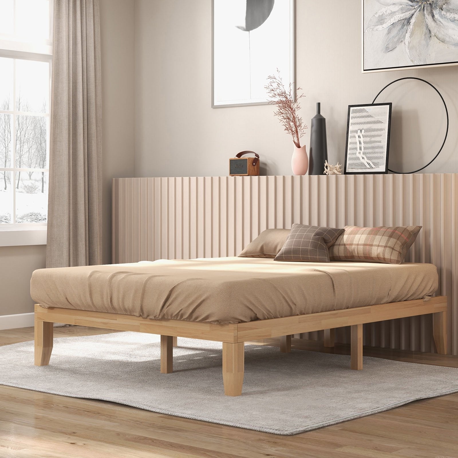 Queen Size 14 Inch Wooden Bed Mattress Frame-Brown
