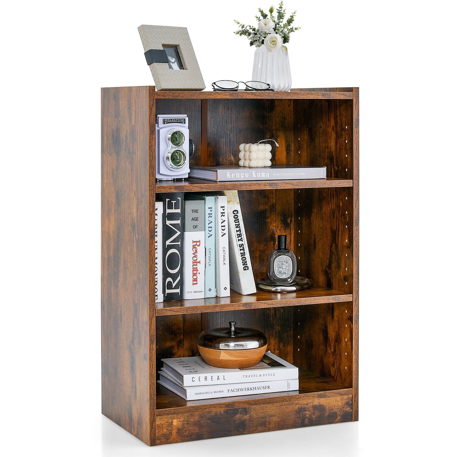 3-Tier Bookcase Open Display Rack Cabinet with Adjustable Shelves-Black