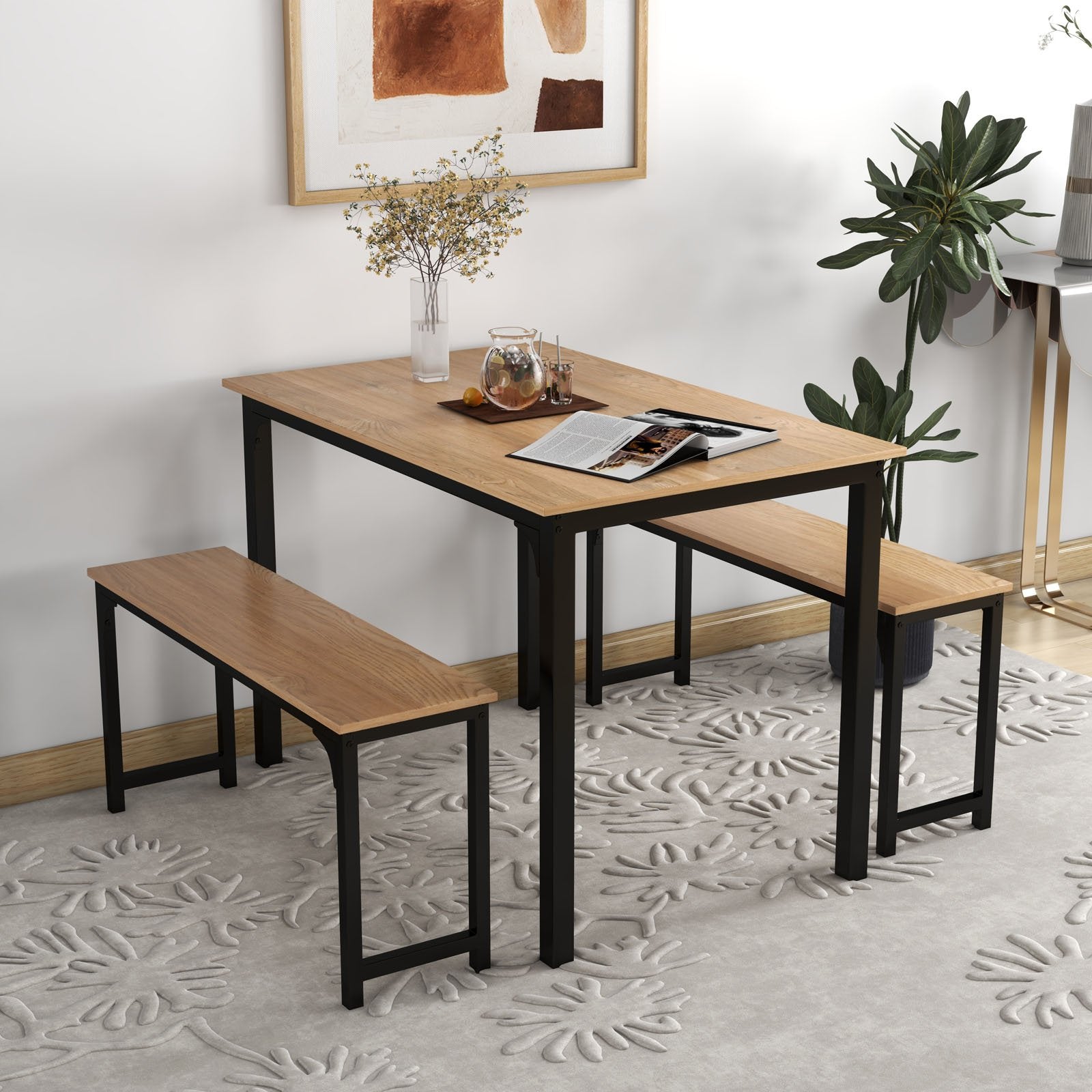 3 Pieces Dining Table Set with 2 Benches for Dining Room Kitchen Bar-Brown