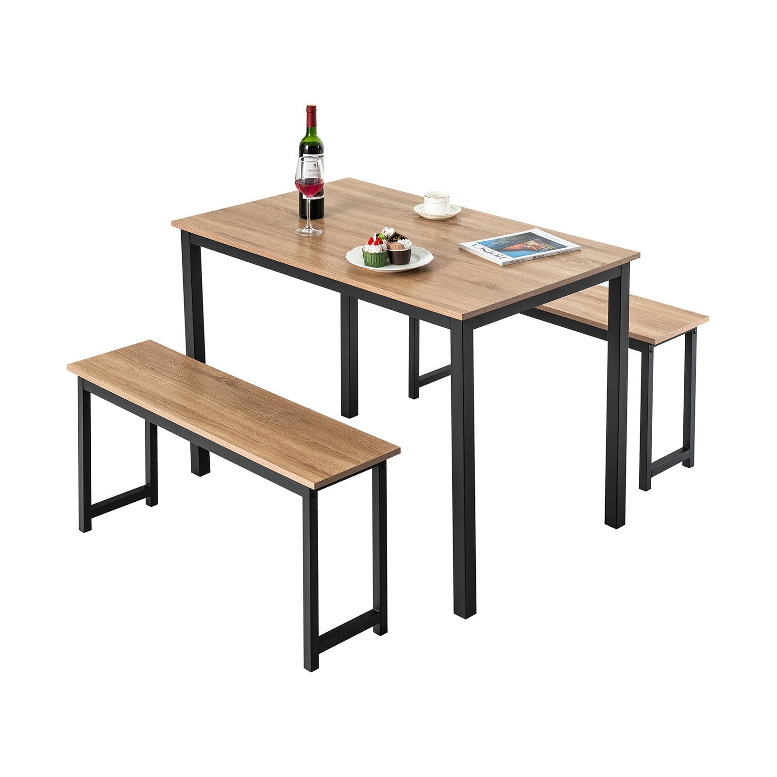 3 Pieces Dining Table Set with 2 Benches for Dining Room Kitchen Bar-Brown