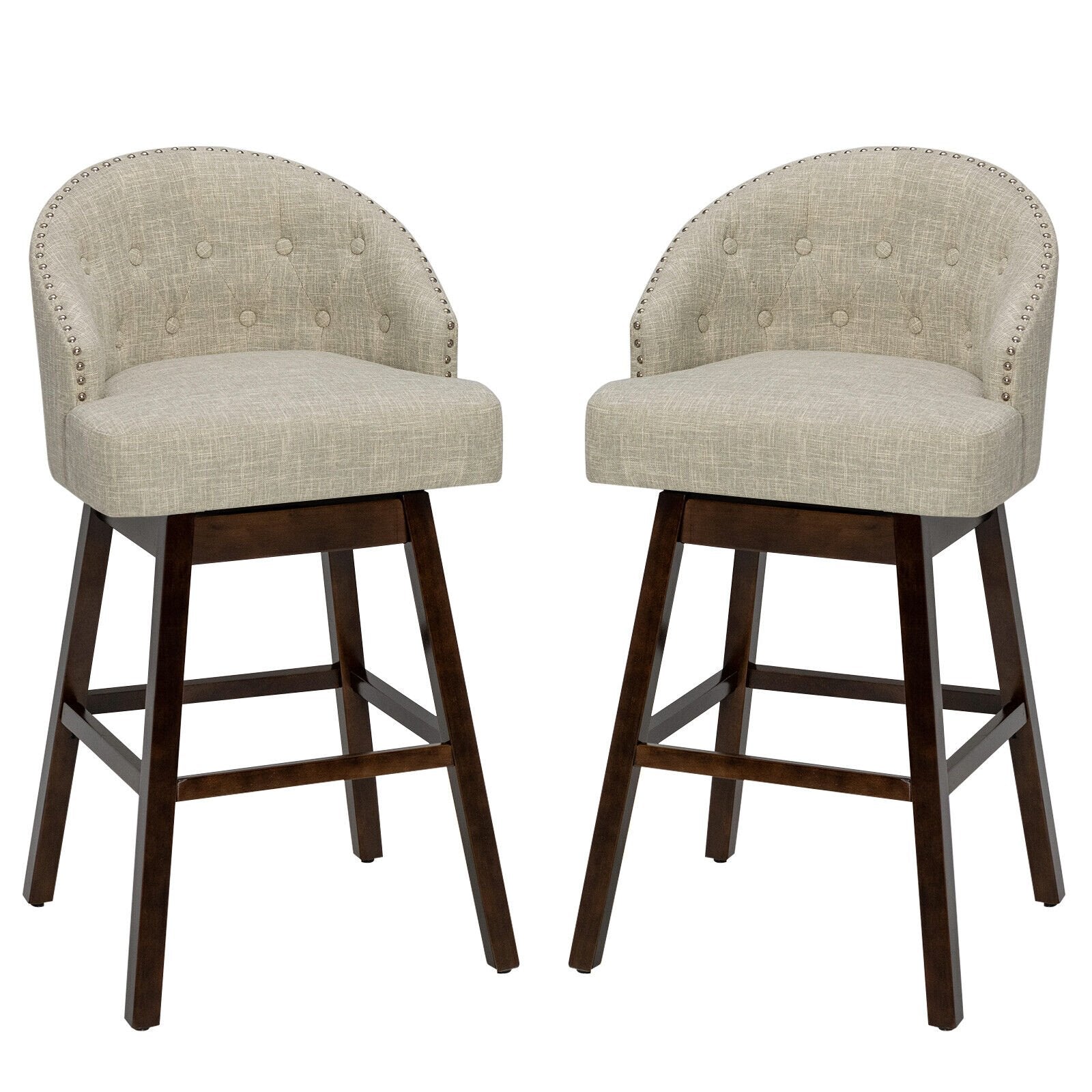 Set of 2 Swivel Bar Stools Tufted Bar Height Pub Chairs with Rubber Wood Legs-Beige