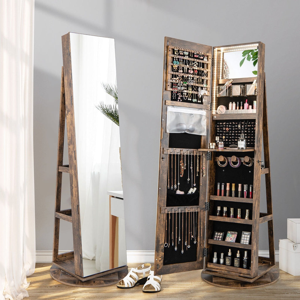 360° Rotating Mirrored Jewelry Cabinet Armoire 3 Color LED Modes Lockable-Black