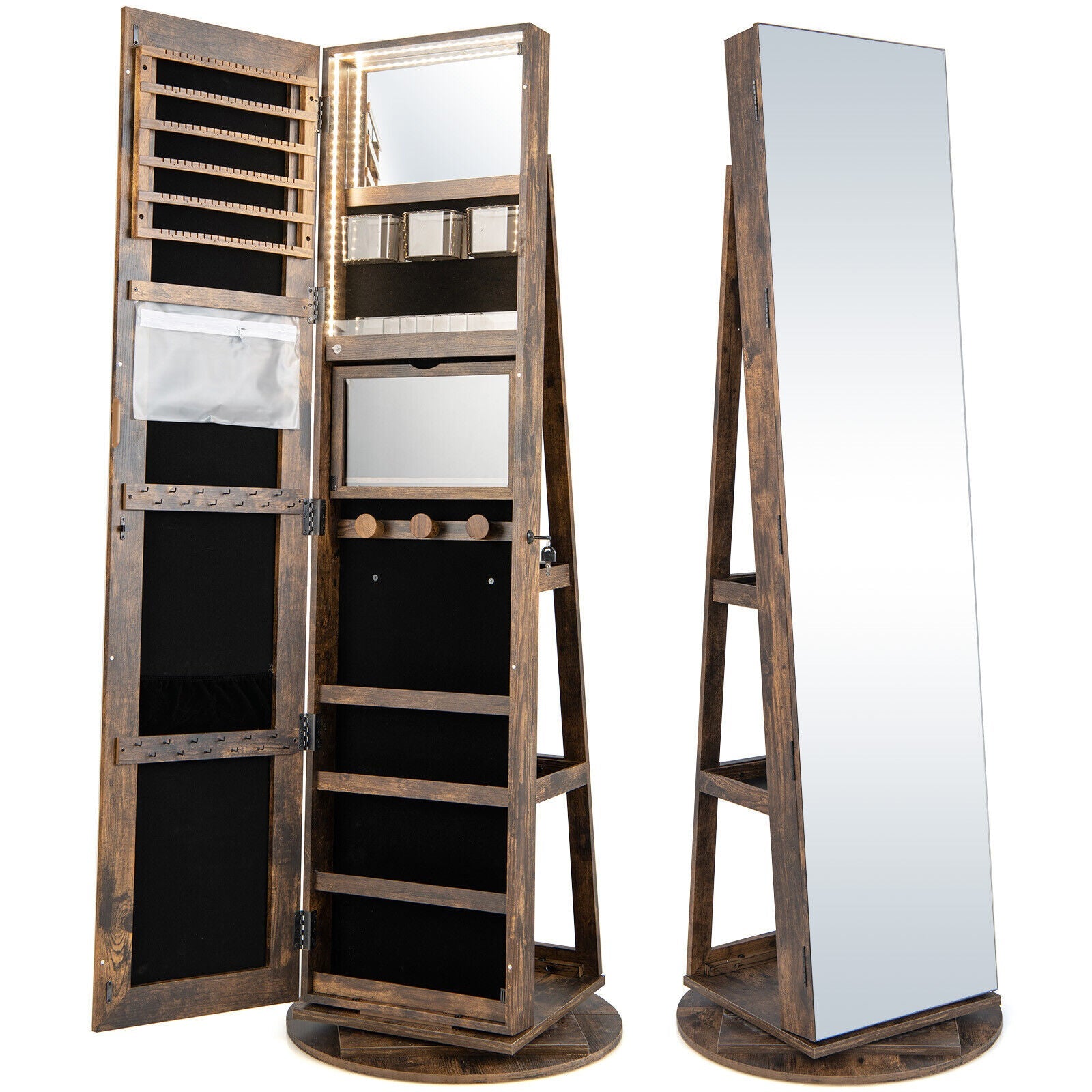 360° Rotating Mirrored Jewelry Cabinet Armoire 3 Color LED Modes Lockable-Black