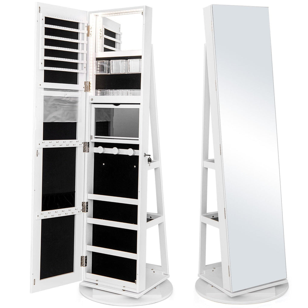 360° Rotating Mirrored Jewelry Cabinet Armoire 3 Color LED Modes Lockable-Black