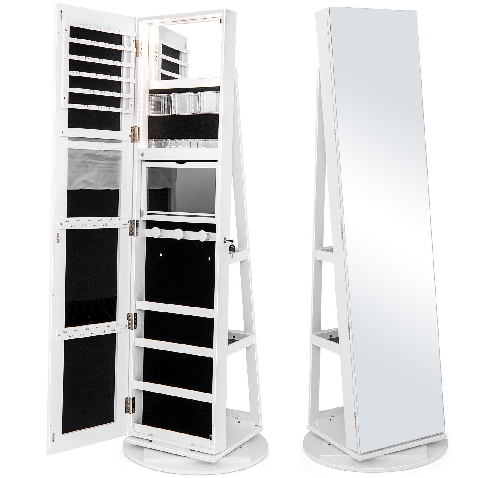 360° Rotating Mirrored Jewelry Cabinet Armoire 3 Color LED Modes Lockable-Black