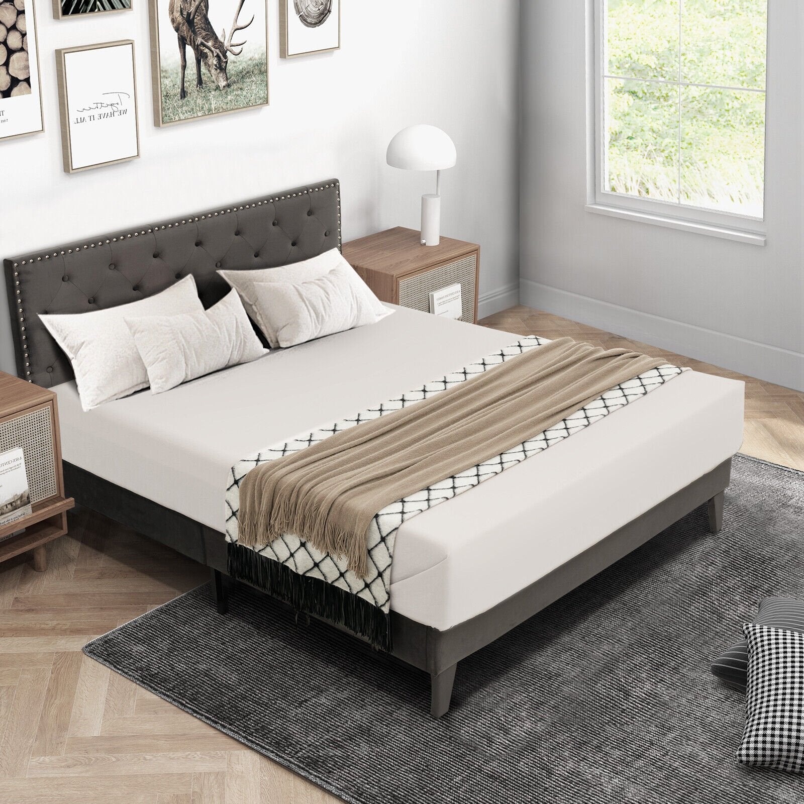 Full/Queen Size Upholstered Platform Bed with Tufted Headboard-Full Size