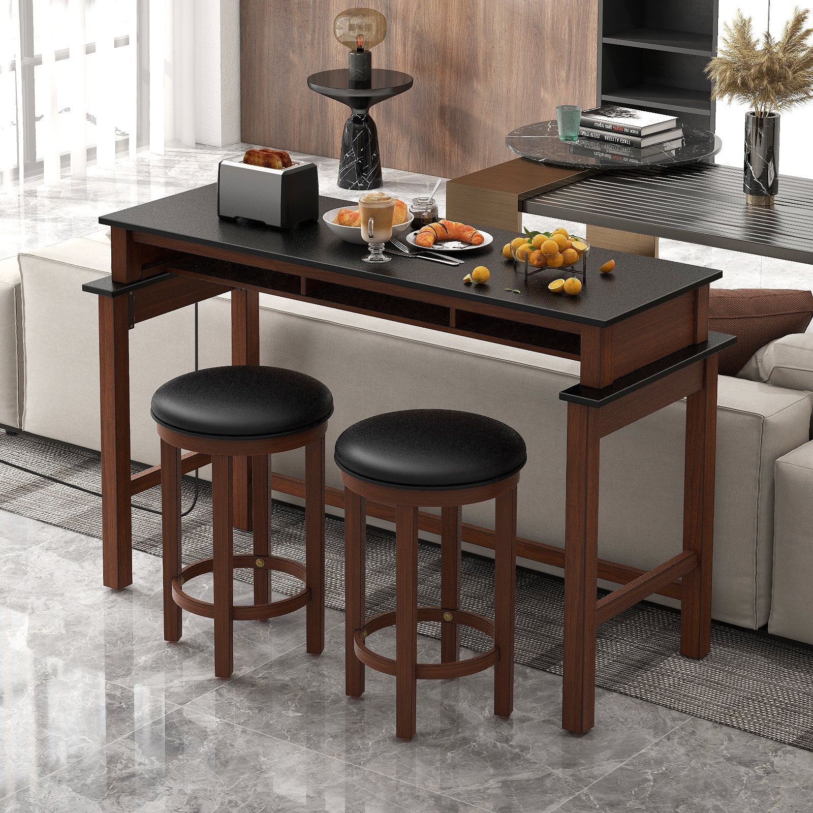 3-Piece Home Bar Set with 2 Upholstered Bar Stools  Outlets and USB Ports-Black