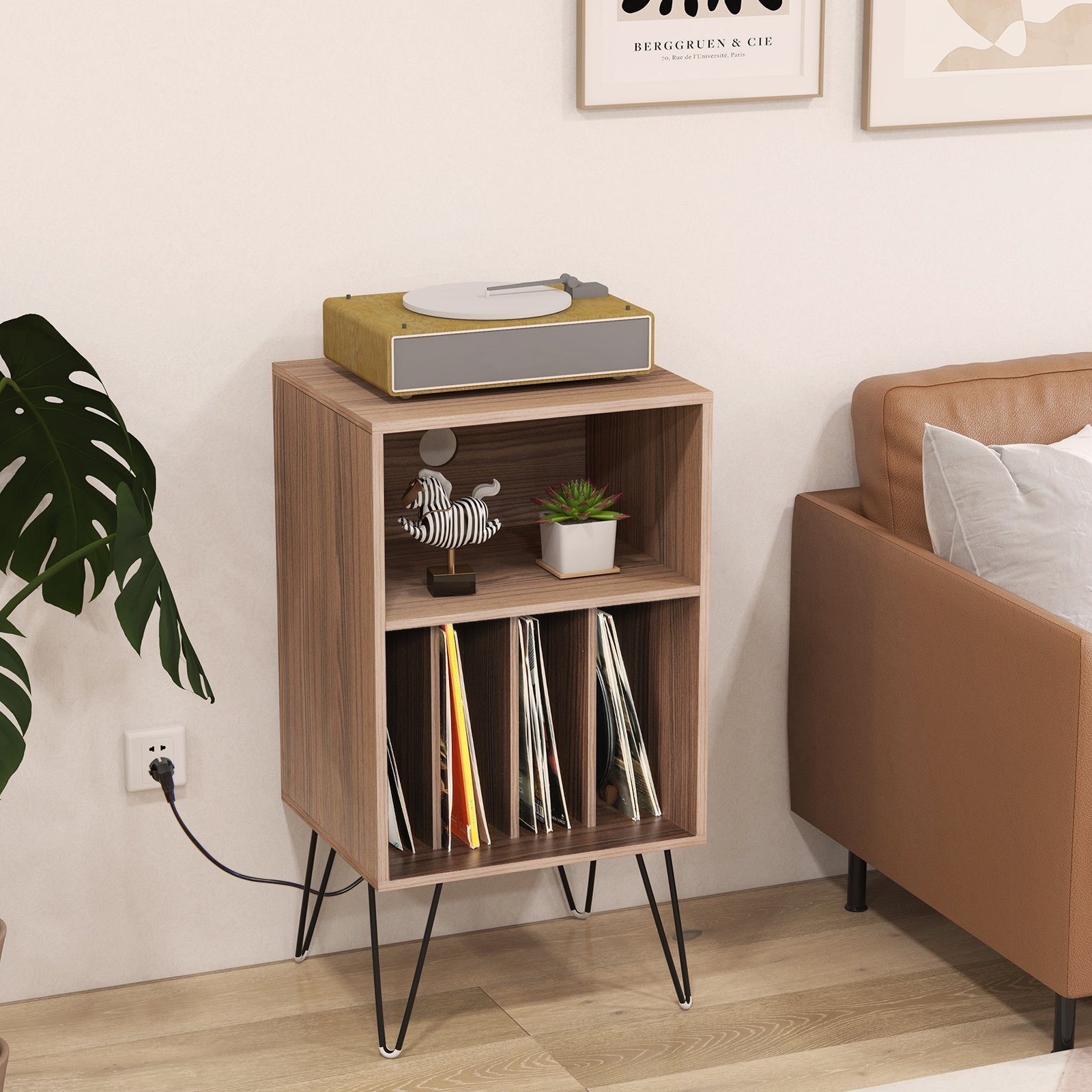 Record Player Stand with Charging Station for Living Room Bedroom-Black