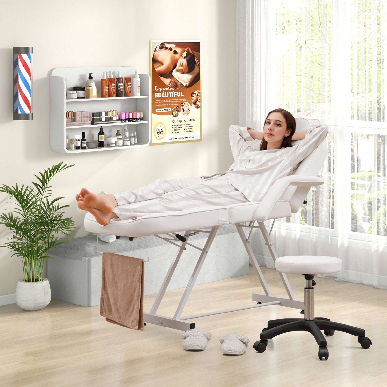 73 Inch Facial Chair Set with Removable Headrest Detachable Armrests and Towel Rack-Black
