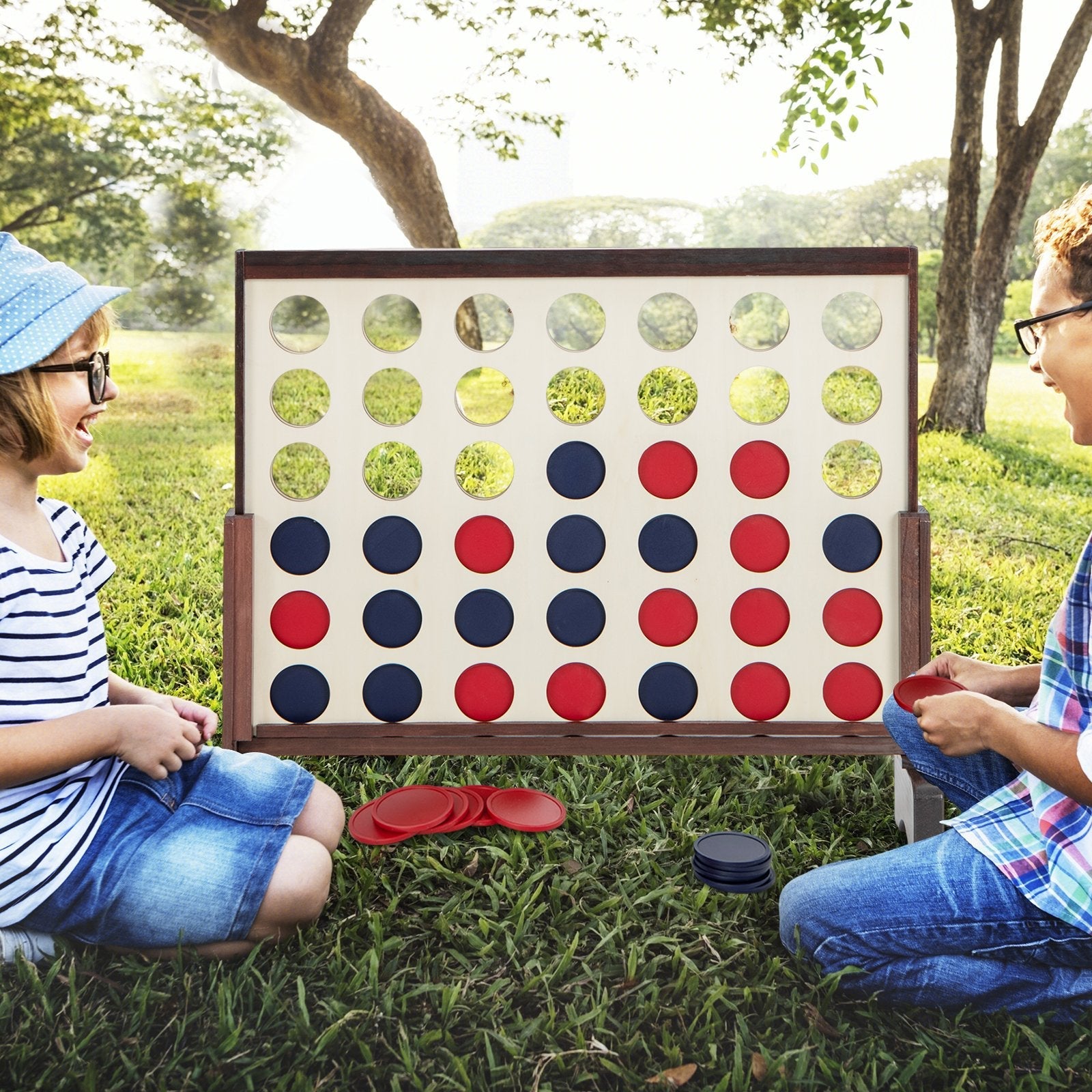 Wooden 4-in-a-row Game Set with 42 PCS Chips and 600D Oxford Fabric Carrying Bag-Blue