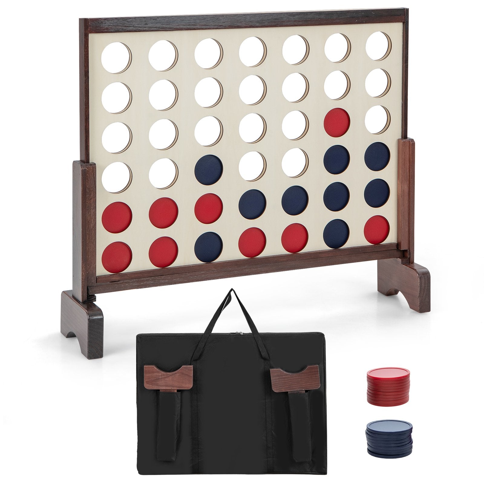 Wooden 4-in-a-row Game Set with 42 PCS Chips and 600D Oxford Fabric Carrying Bag-Blue