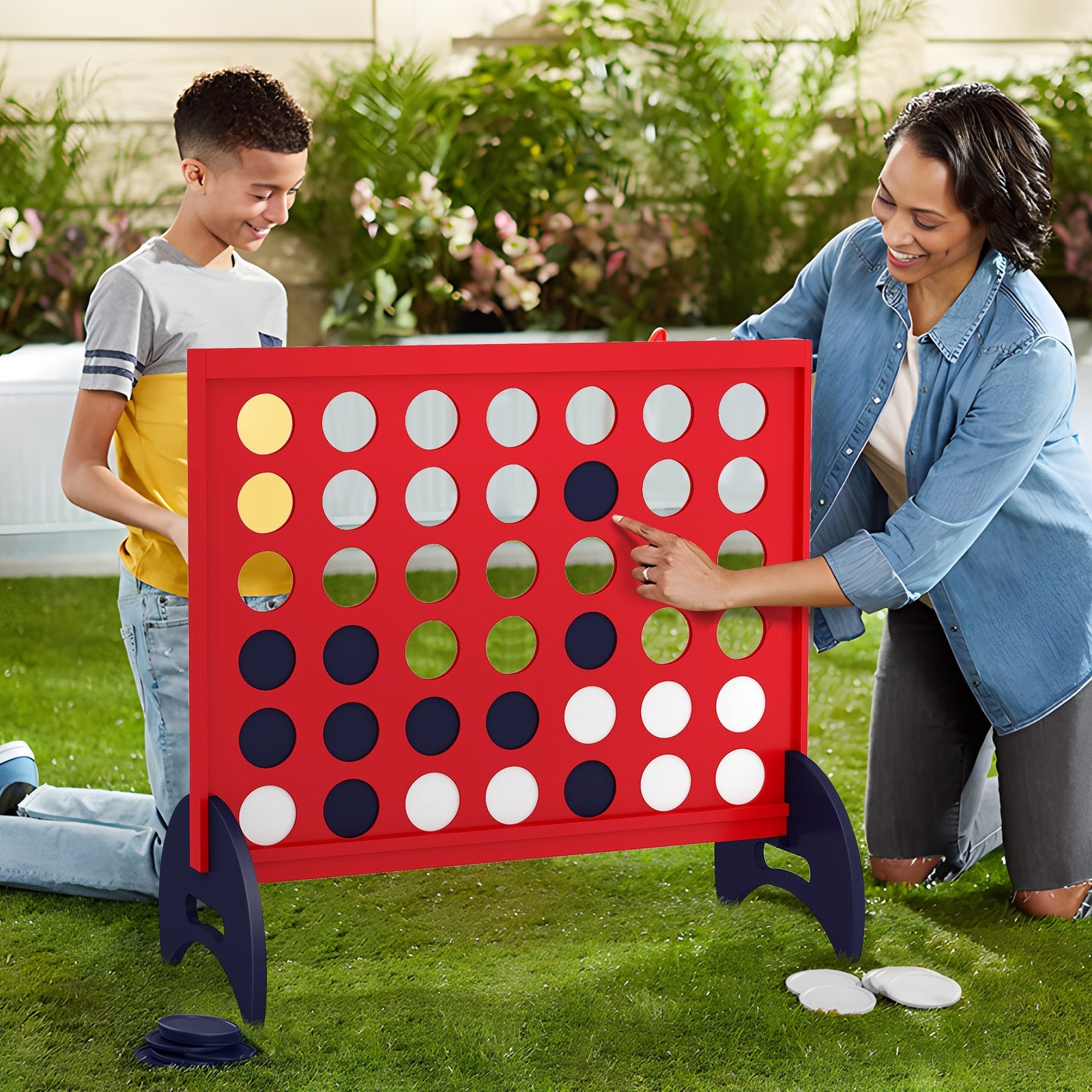 Wooden 4-in-a-row Game Set with 42 PCS Chips and 600D Oxford Fabric Carrying Bag-Blue