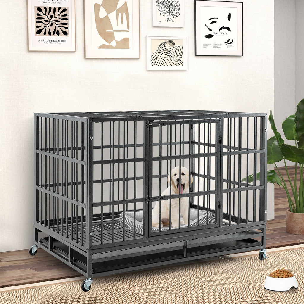 38 Inch Foldable Heavy-Duty Metal Dog Cage with Lockable Rolling Casters and Tray-38 inches
