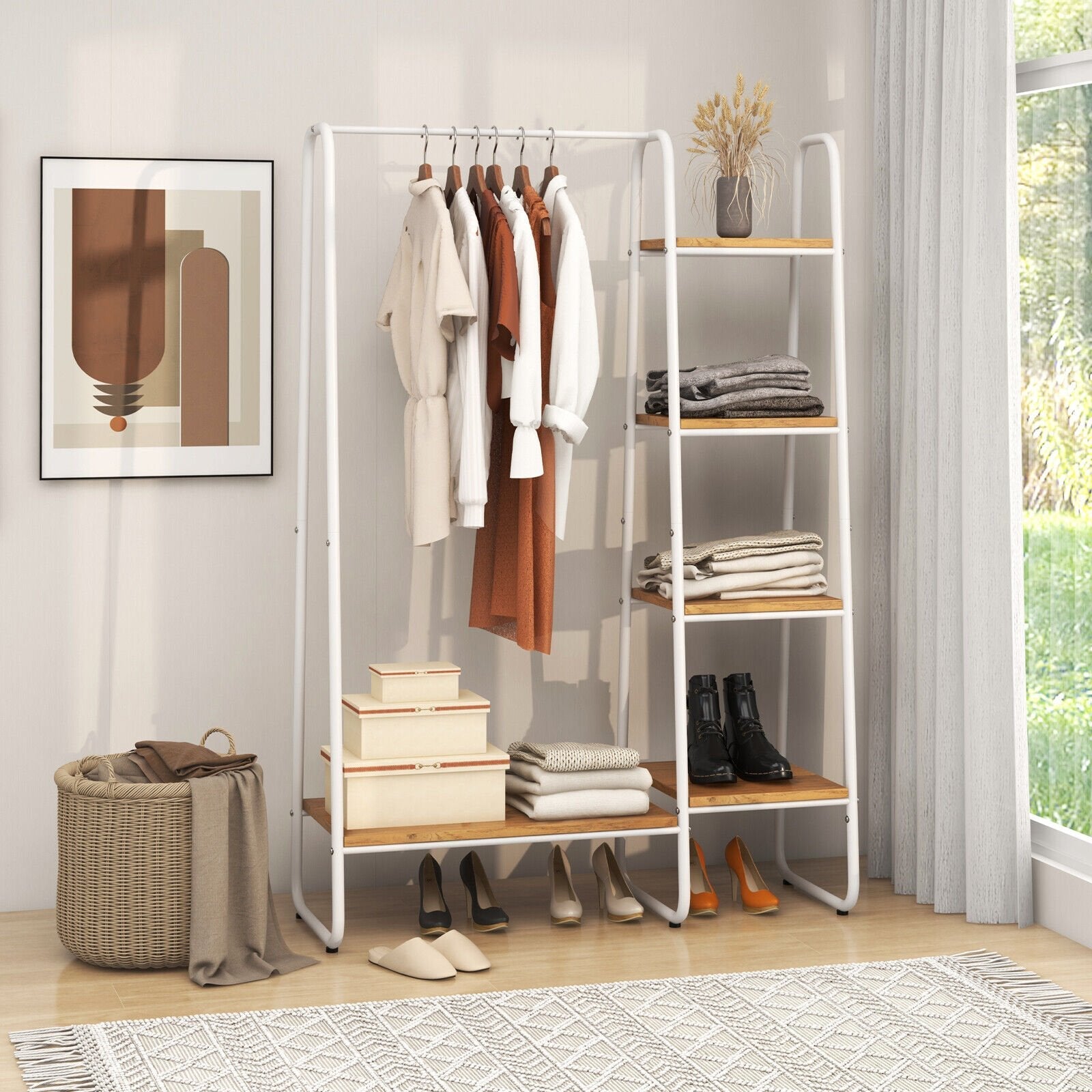 Clothes Rack Free Standing Storage Tower with Metal Frame