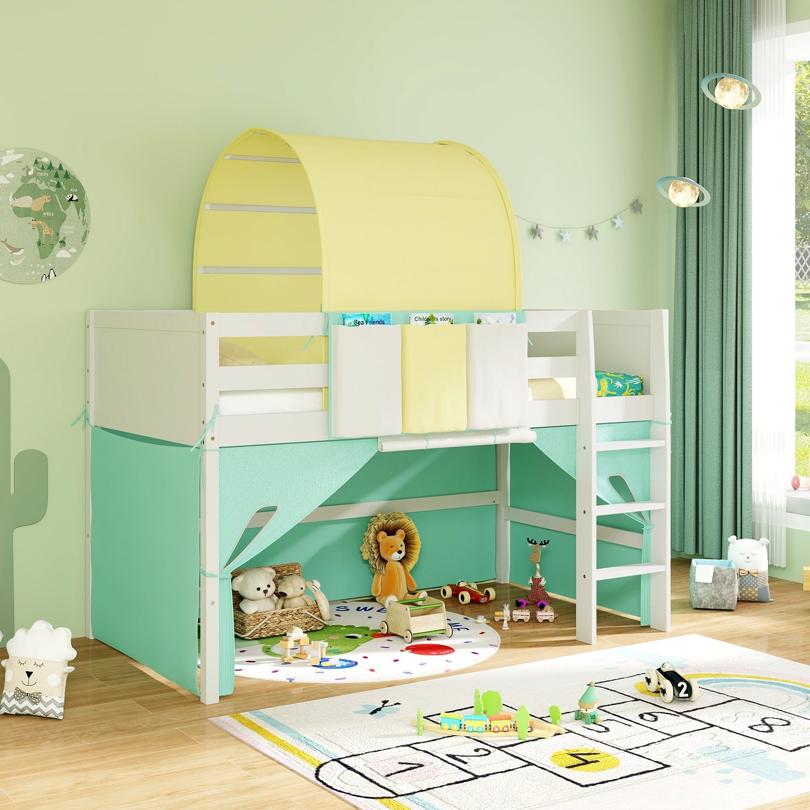 Twin Size Loft Bed Playhouse Bed Frame with Tower Tent and 3 Storage Pockets-Navy