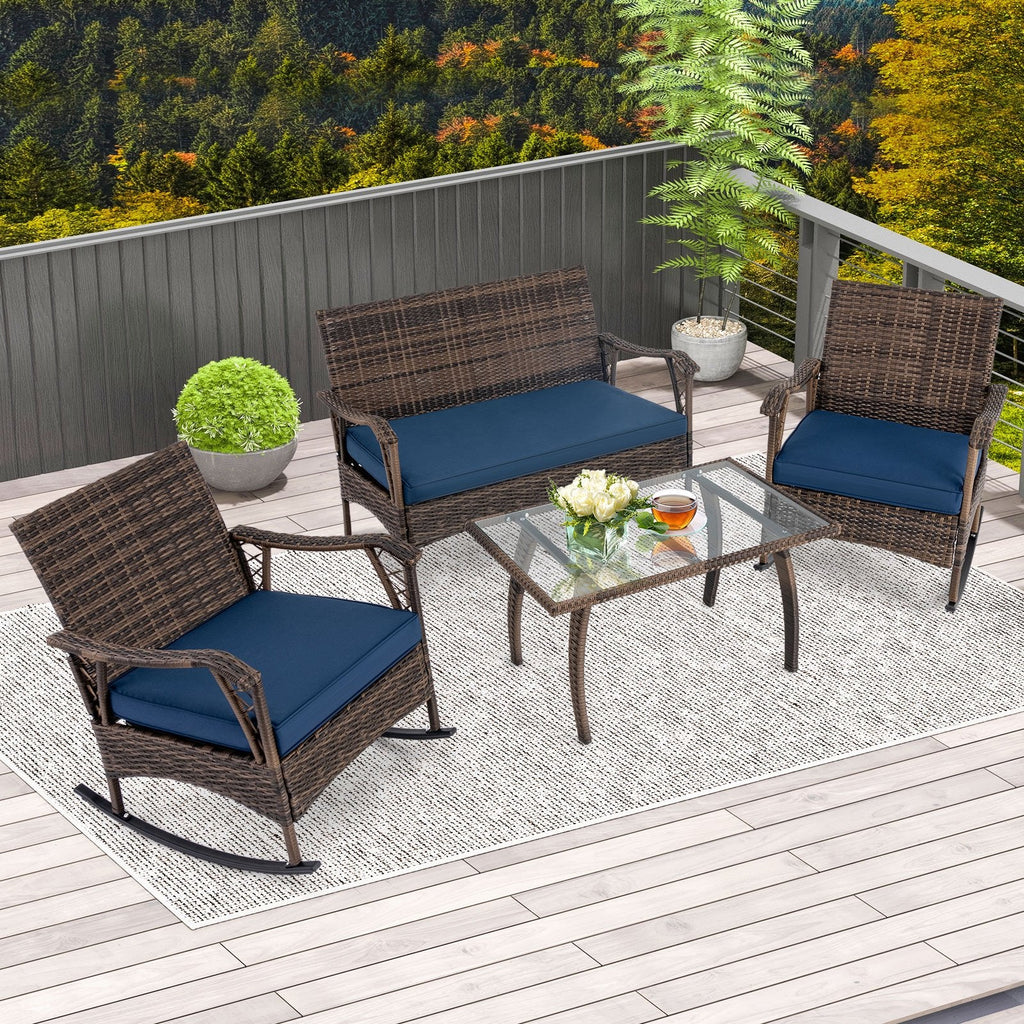 4 Pieces Wicker Rocking Set with Bungee Rope Seat for Porch Yard-Navy