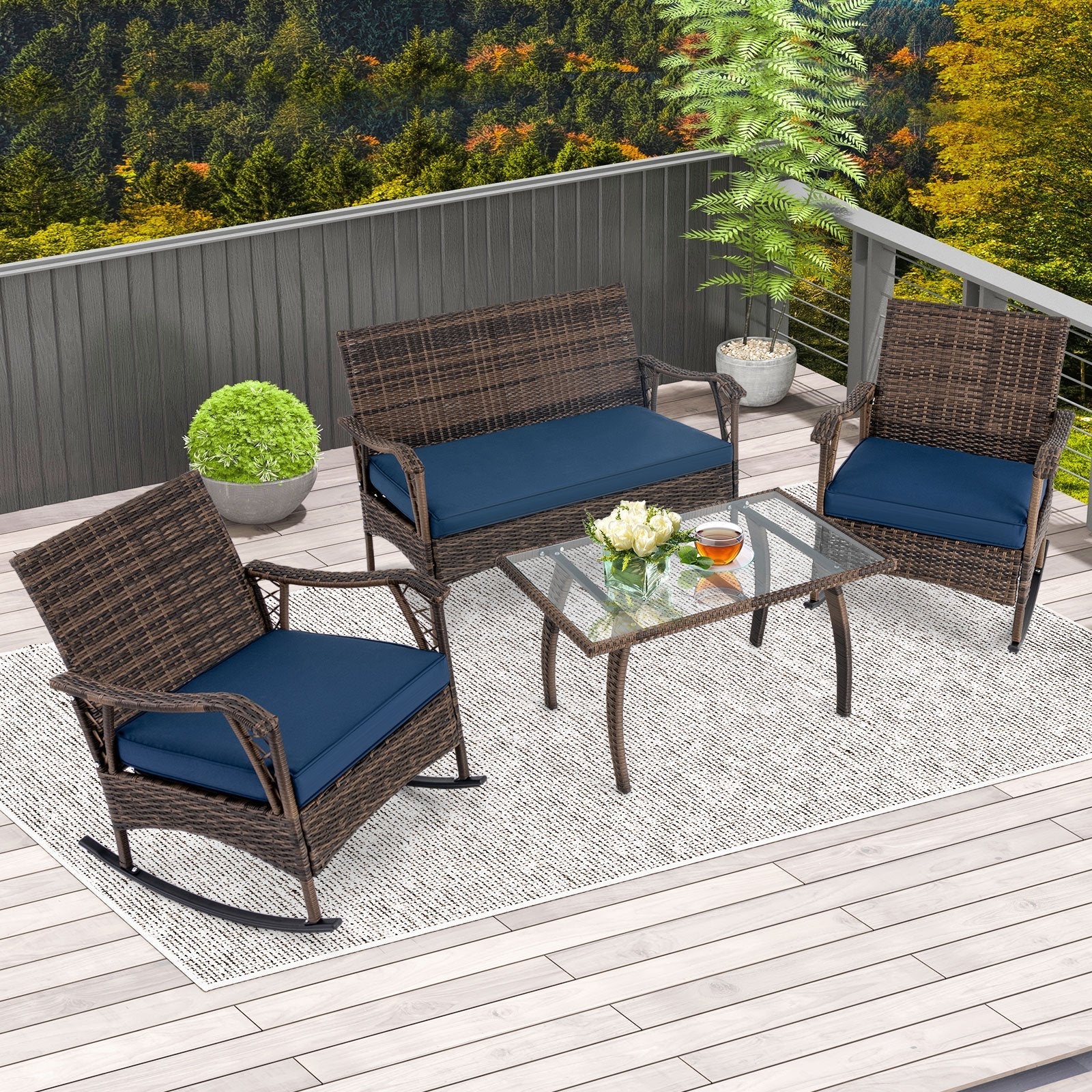 4 Pieces Wicker Rocking Set with Bungee Rope Seat for Porch Yard-Navy