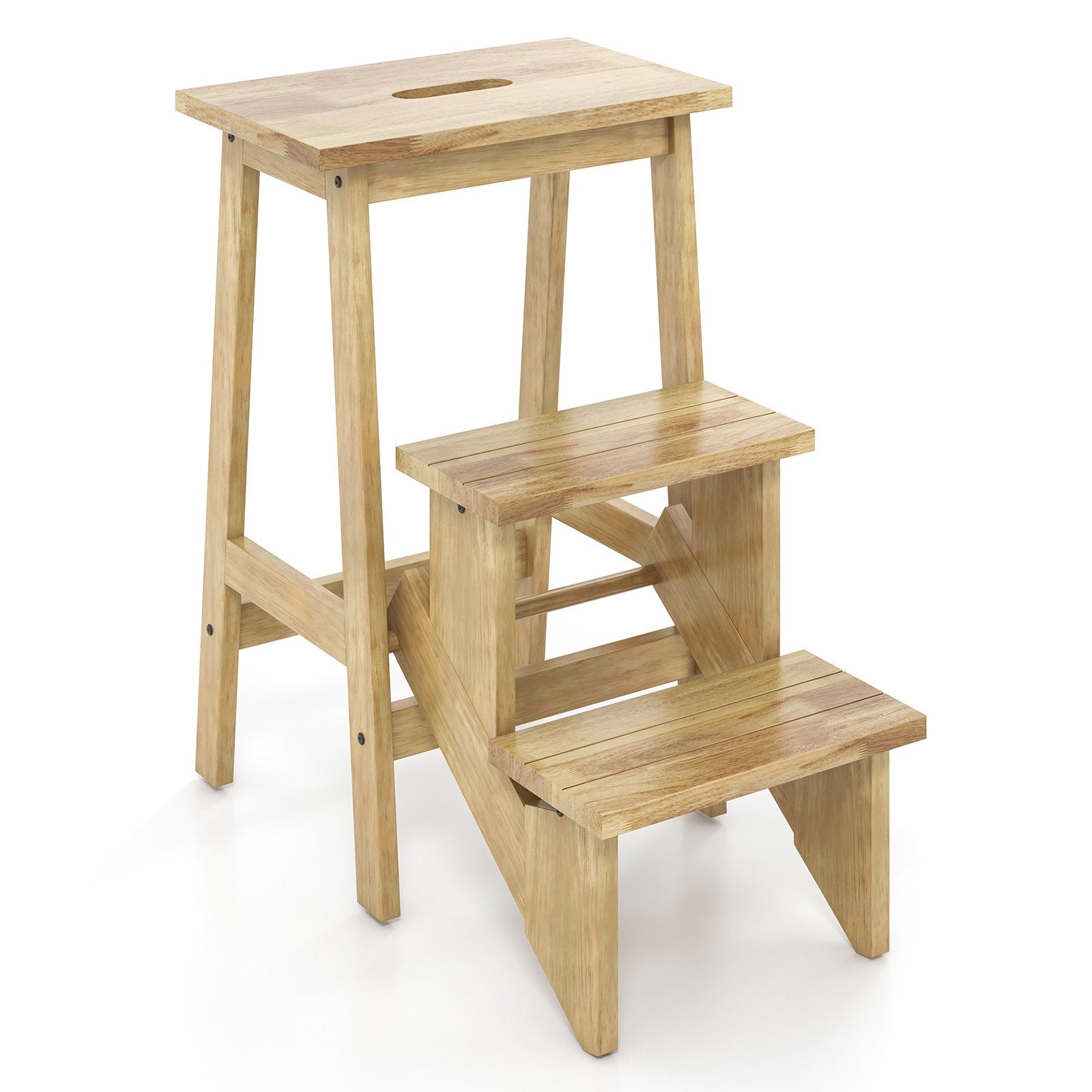 3-in-1 Rubber Wood Step Stool with Convenient Handle-Brown