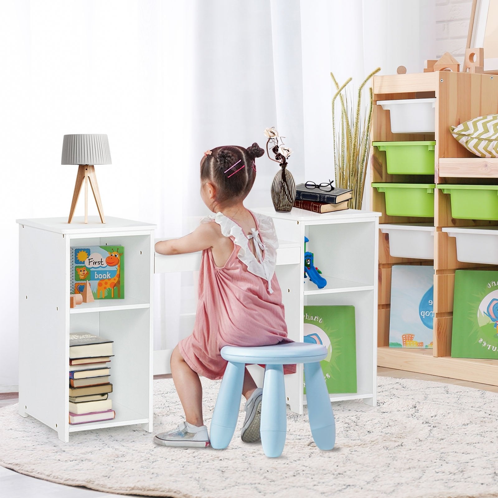 Kids Tri Folding Mirror Makeup Dressing Vanity Table Set-Pink