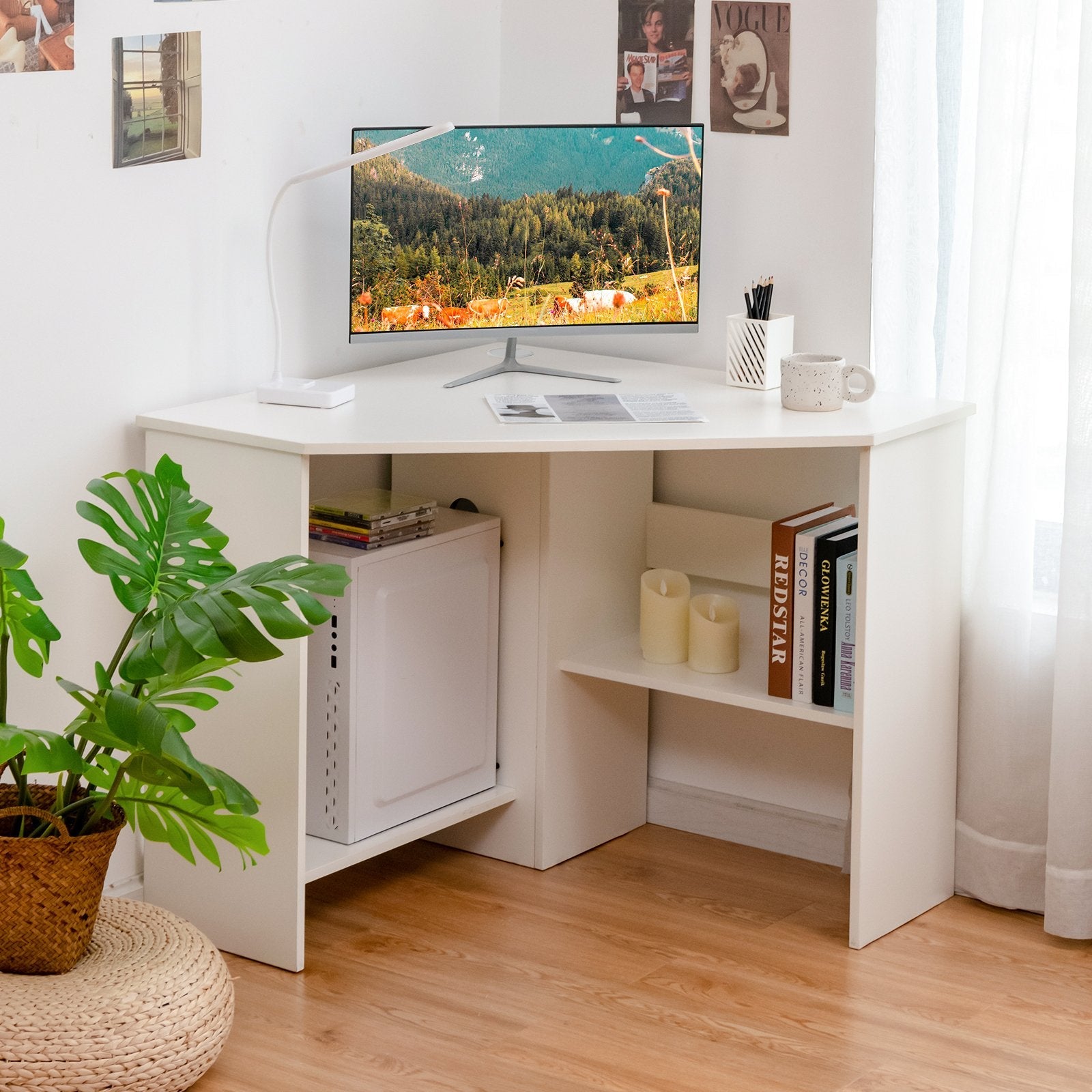Corner Computer Desk Triangle Writing Workstation with Storage Shelf-Black