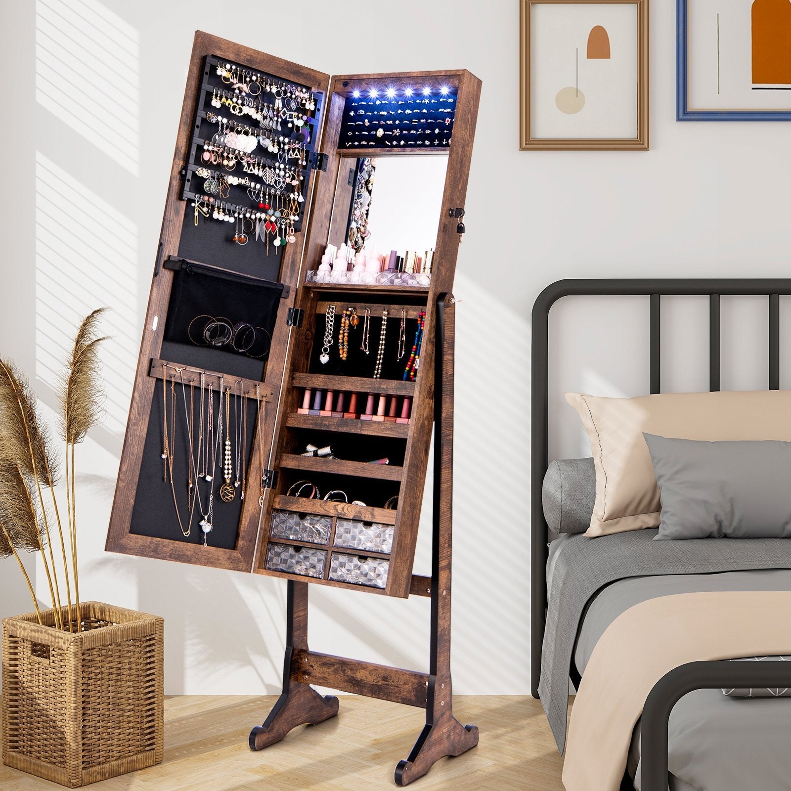 Free Standing Full Length Jewelry Armoire with Lights in Black
