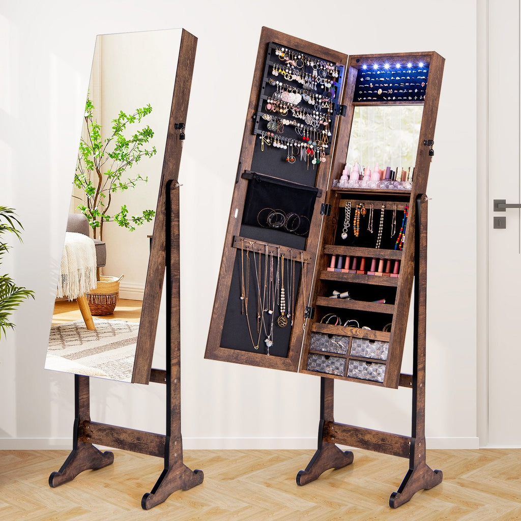 Free Standing Full Length Jewelry Armoire with Lights in Black