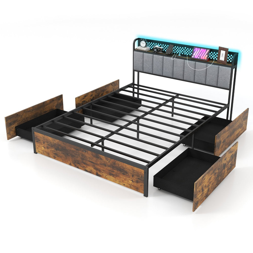 Twin/Full/Queen Bed Frame with LED Lights  Upholstered Headboard and 4 Storage Drawers-Twin size