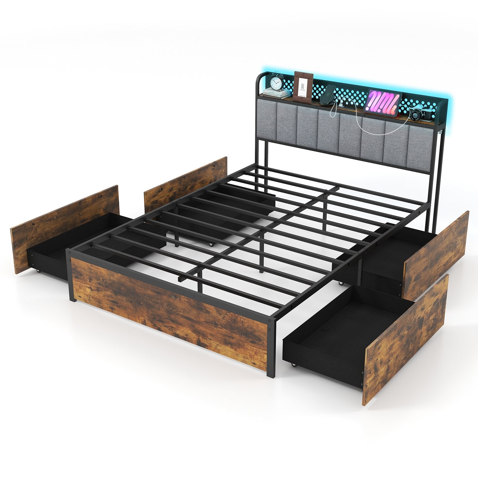 Twin/Full/Queen Bed Frame with LED Lights  Upholstered Headboard and 4 Storage Drawers-Twin size