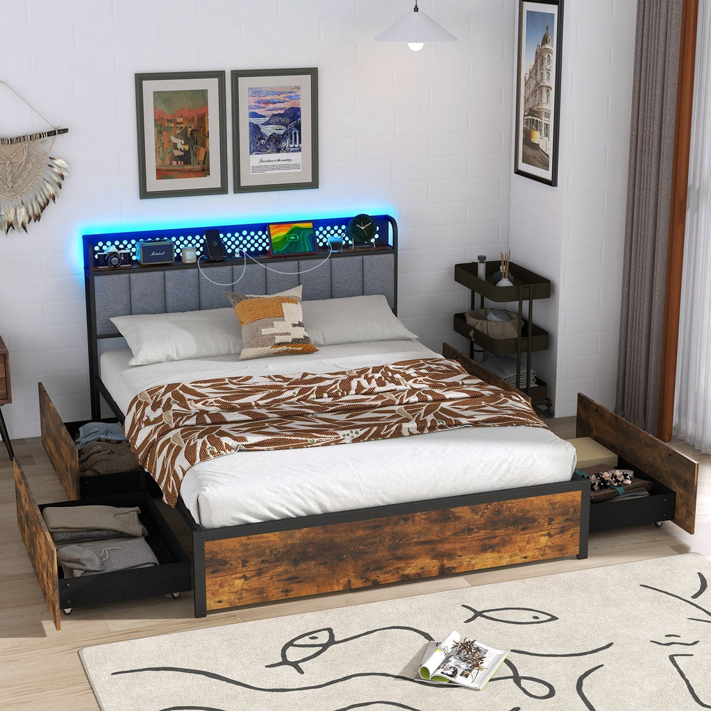 Twin/Full/Queen Bed Frame with LED Lights  Upholstered Headboard and 4 Storage Drawers-Twin size