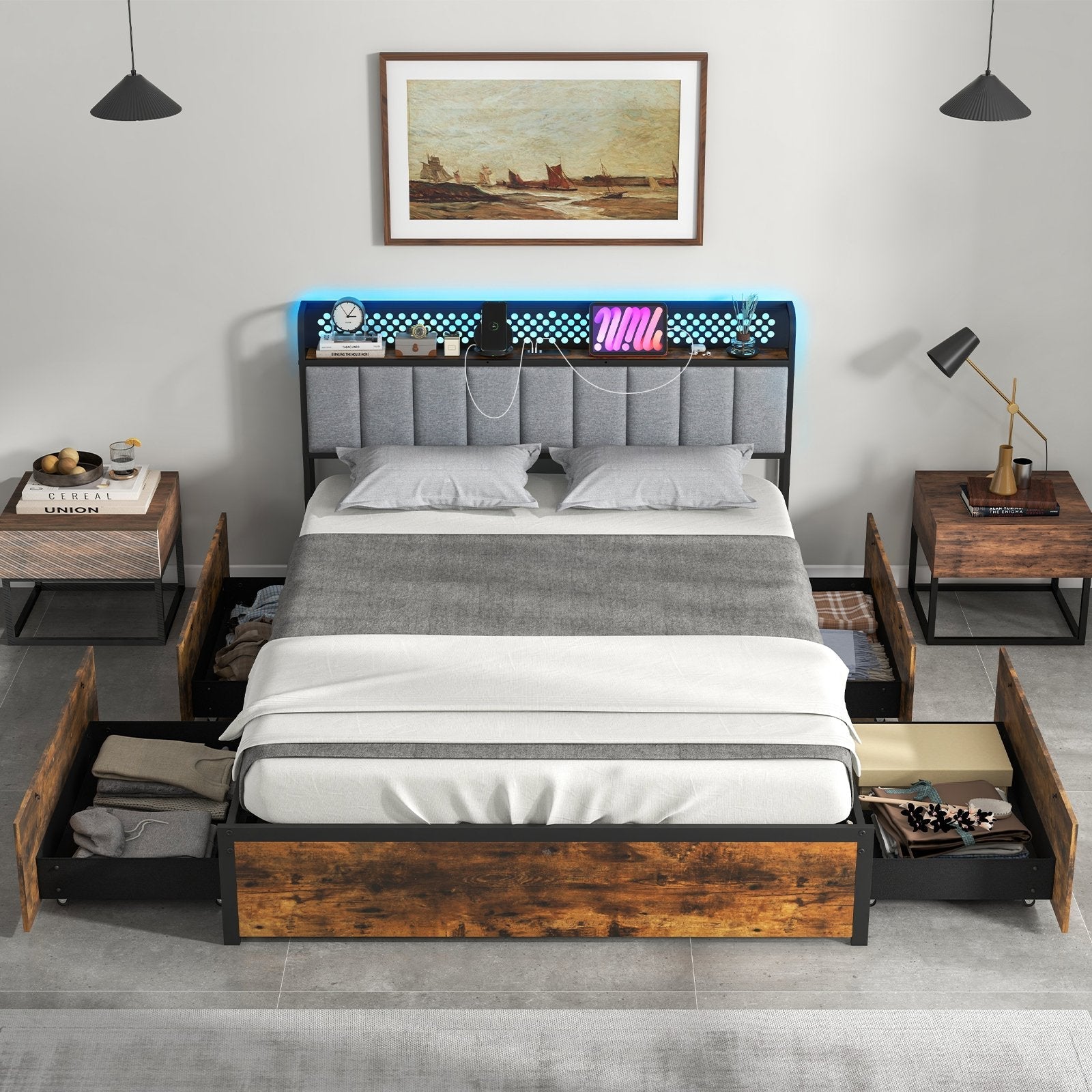 Twin/Full/Queen Bed Frame with LED Lights  Upholstered Headboard and 4 Storage Drawers-Twin size