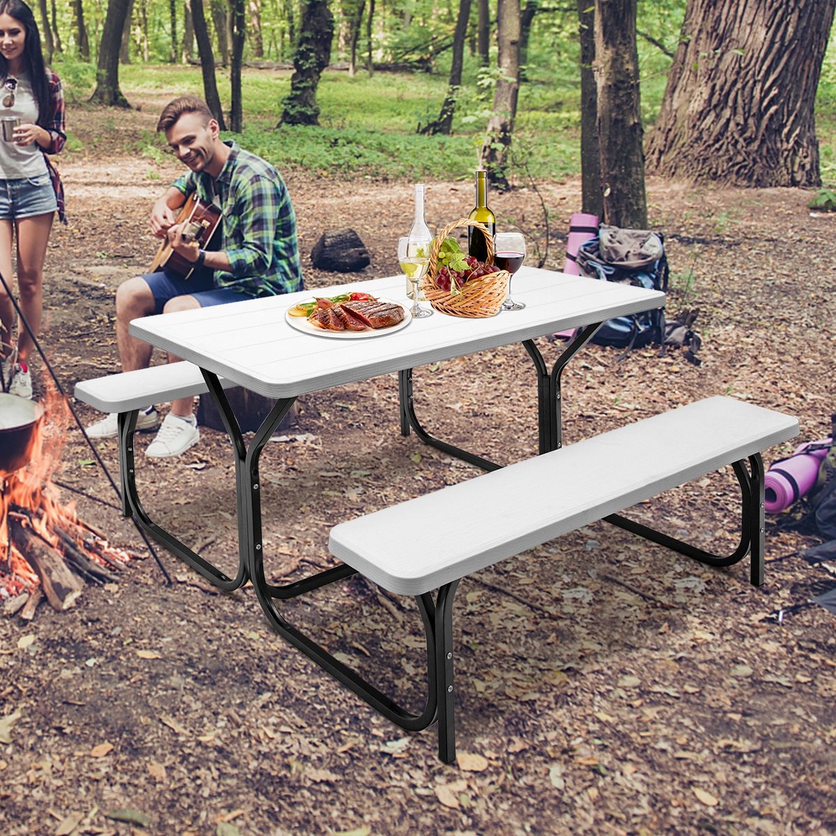 HDPE Outdoor Picnic Table Bench Set with Metal Base-Black