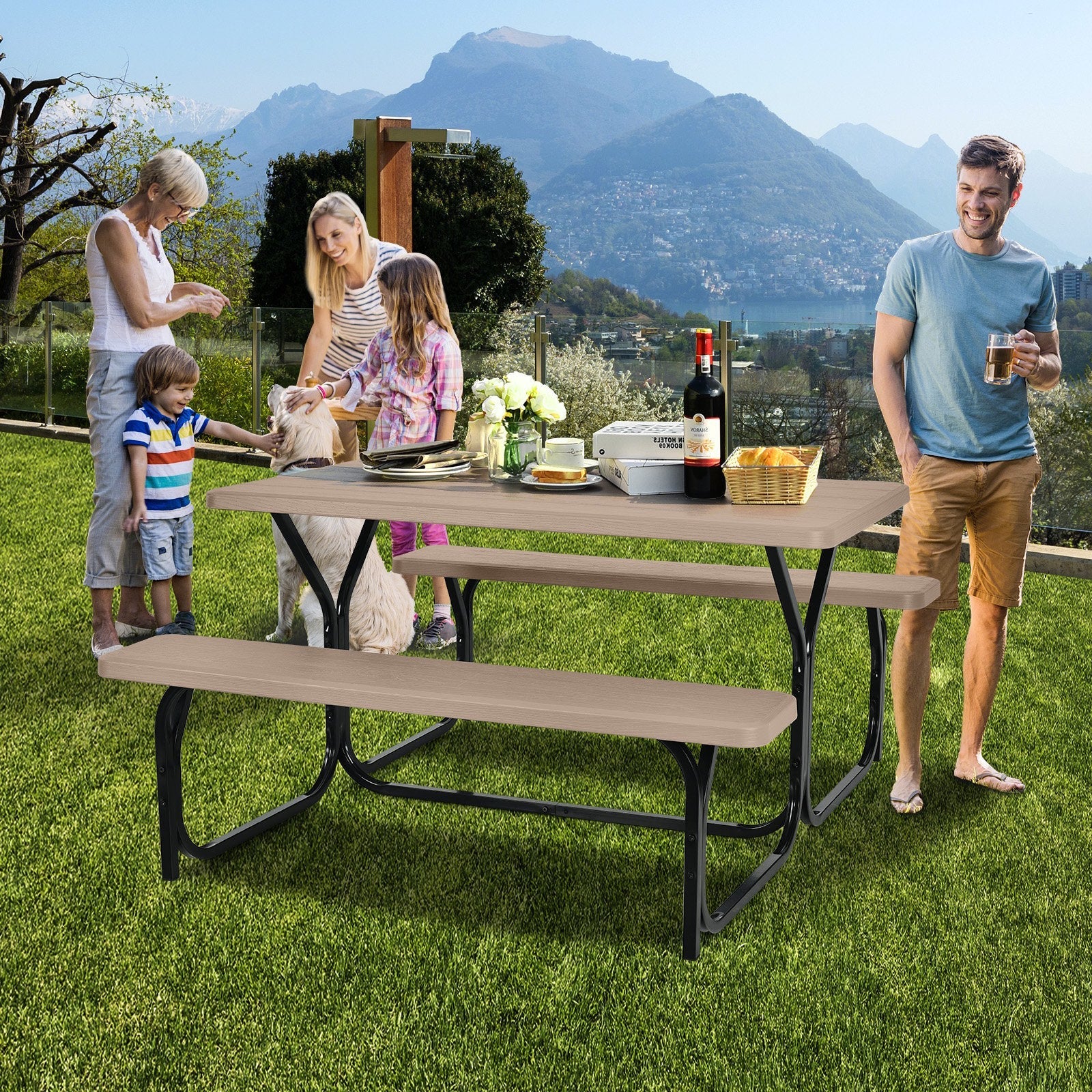 HDPE Outdoor Picnic Table Bench Set with Metal Base-Black