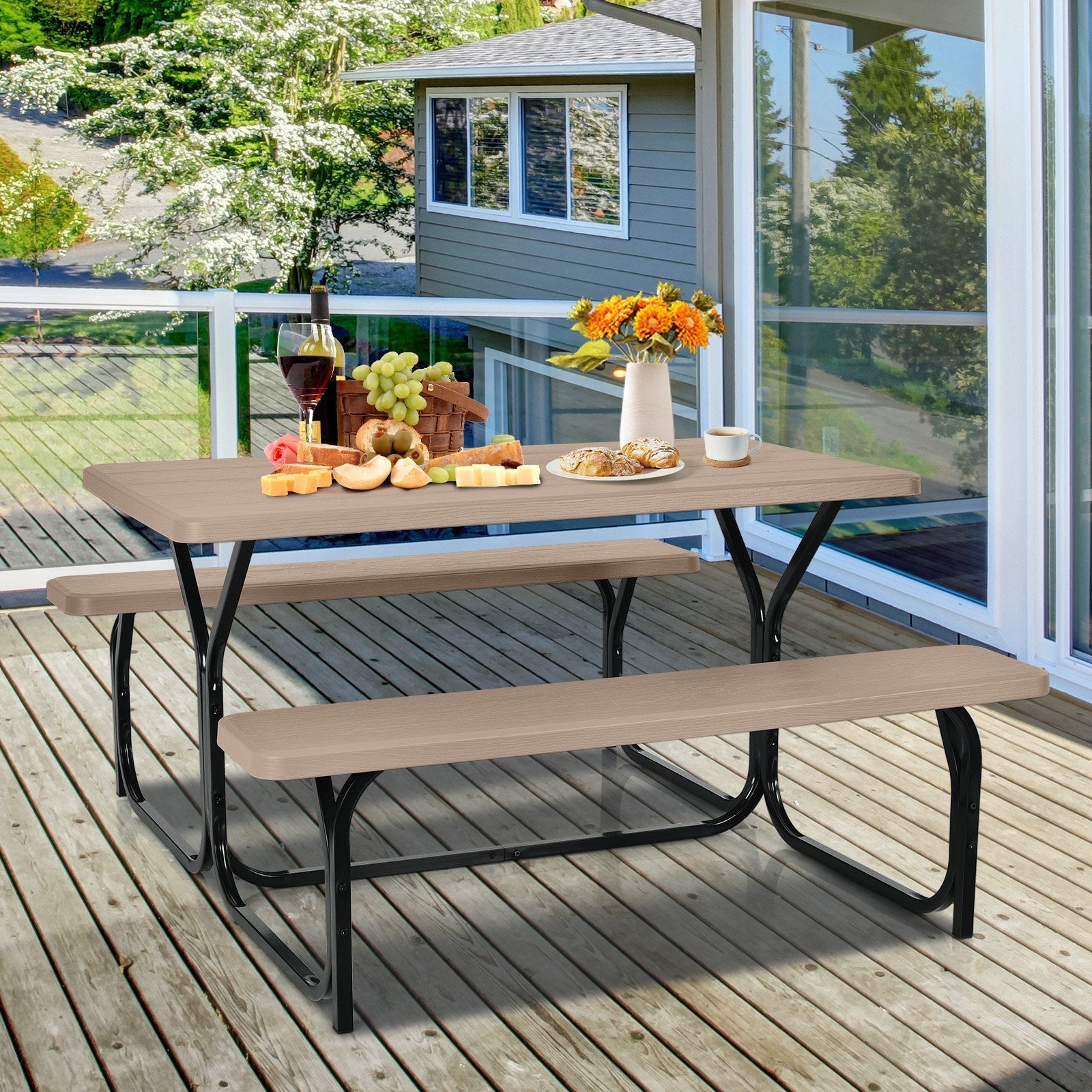 HDPE Outdoor Picnic Table Bench Set with Metal Base-Black