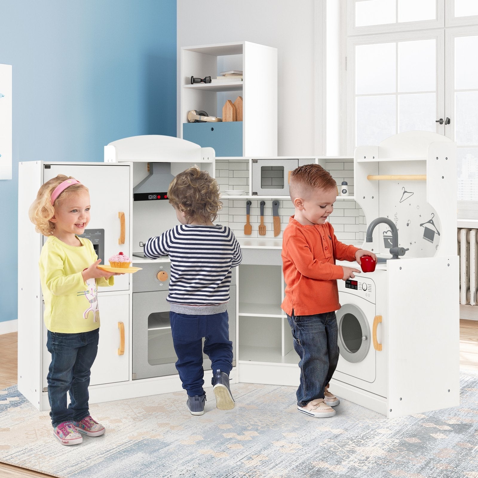 Corner Kids Play Kitchen with Washing Machine and Ice Maker Gift for Boys Girls-Pink