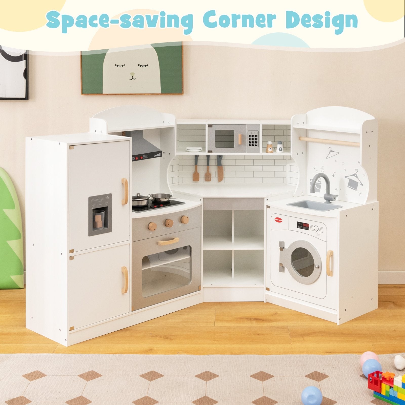 Corner Kids Play Kitchen with Washing Machine and Ice Maker Gift for Boys Girls-Pink