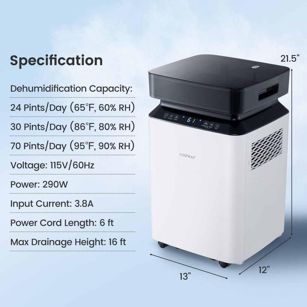 70/90 Pint 4500/6000 Sq. Ft Dehumidifier with Continuous and Auto Mode-90 Pints