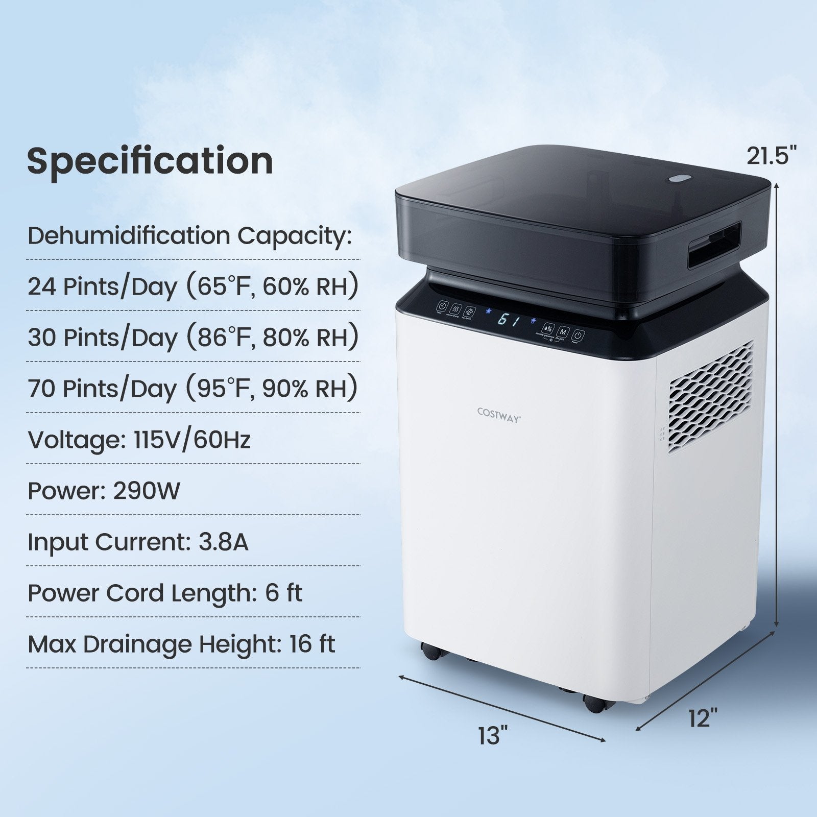 70/90 Pint 4500/6000 Sq. Ft Dehumidifier with Continuous and Auto Mode-90 Pints