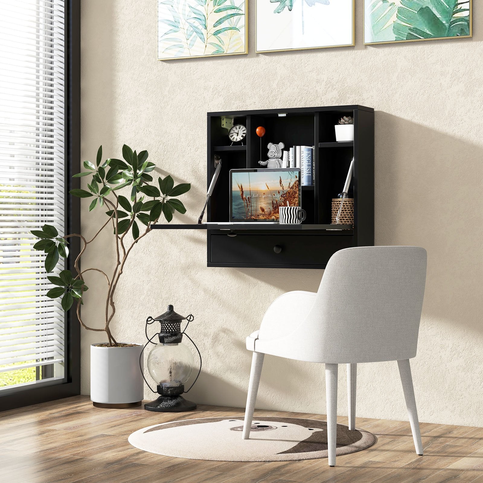 Wall-Mount Floating Desk Foldable Space Saving Laptop Workstation-Black