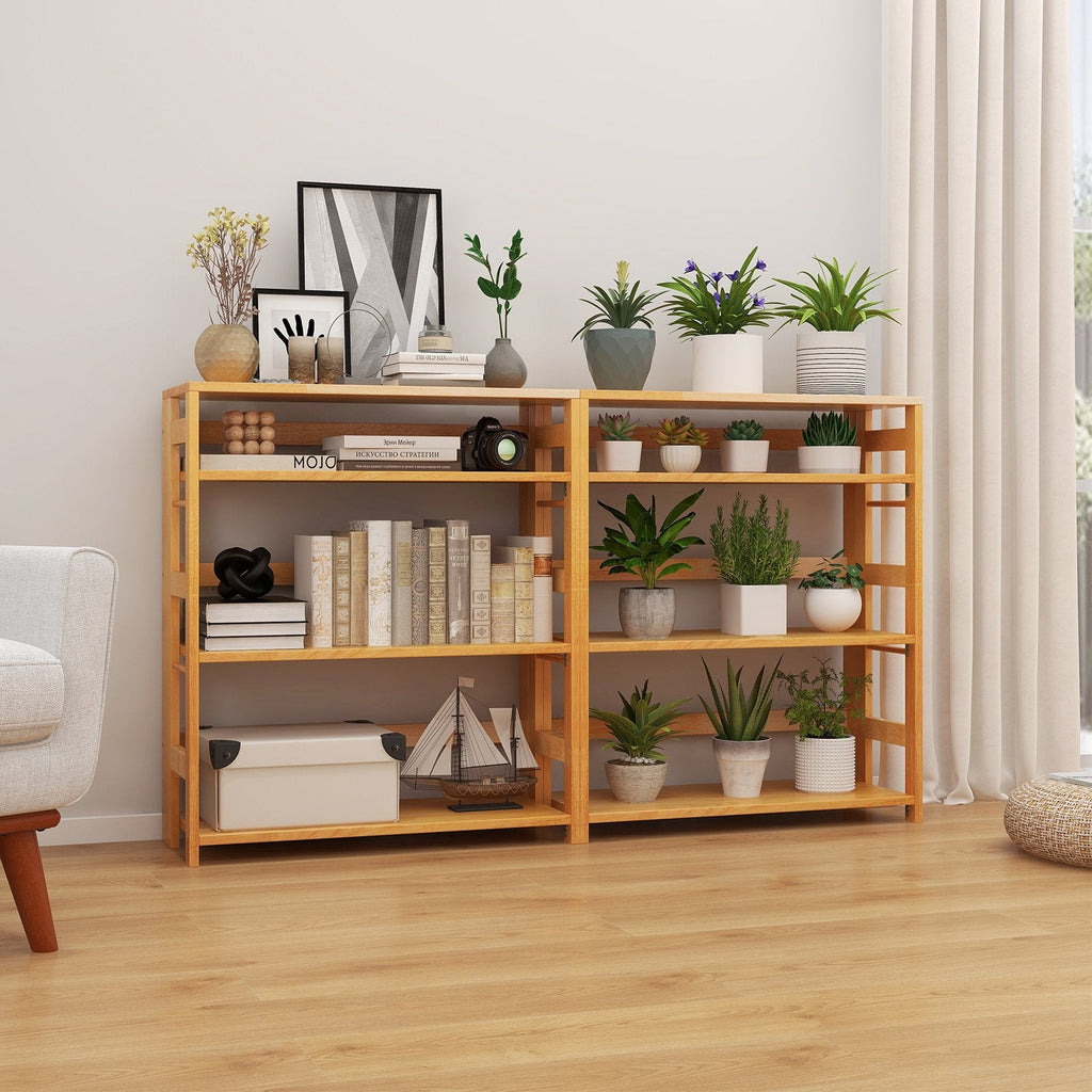 4-Tier Bookshelf Rubber Wood Bookcase with Side Fences for Living Room-14 inches