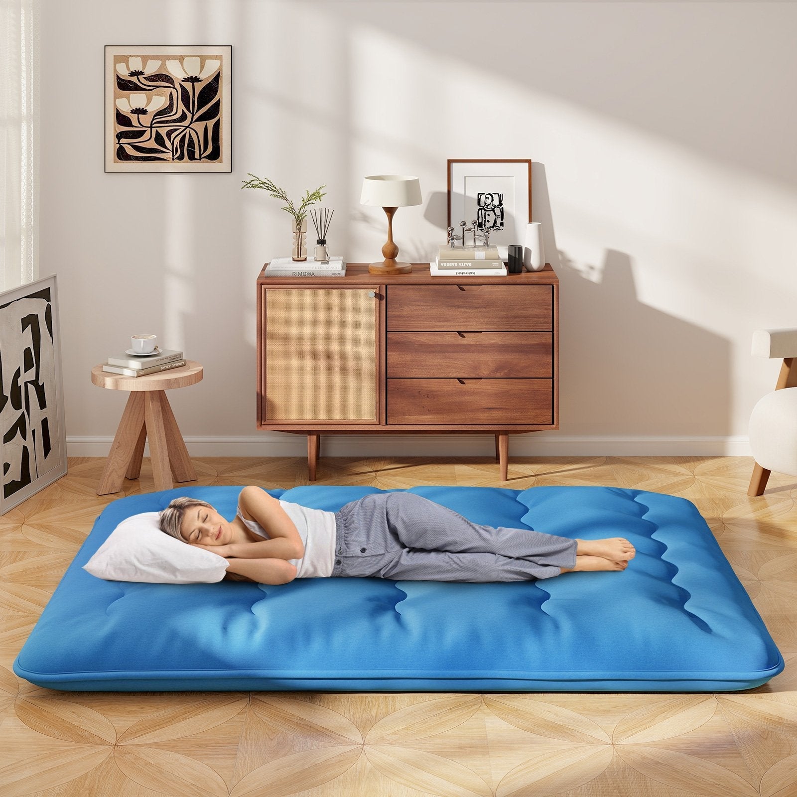 Foldable Futon Mattress with Washable Cover and Carry Bag for Camping Blue-King Size