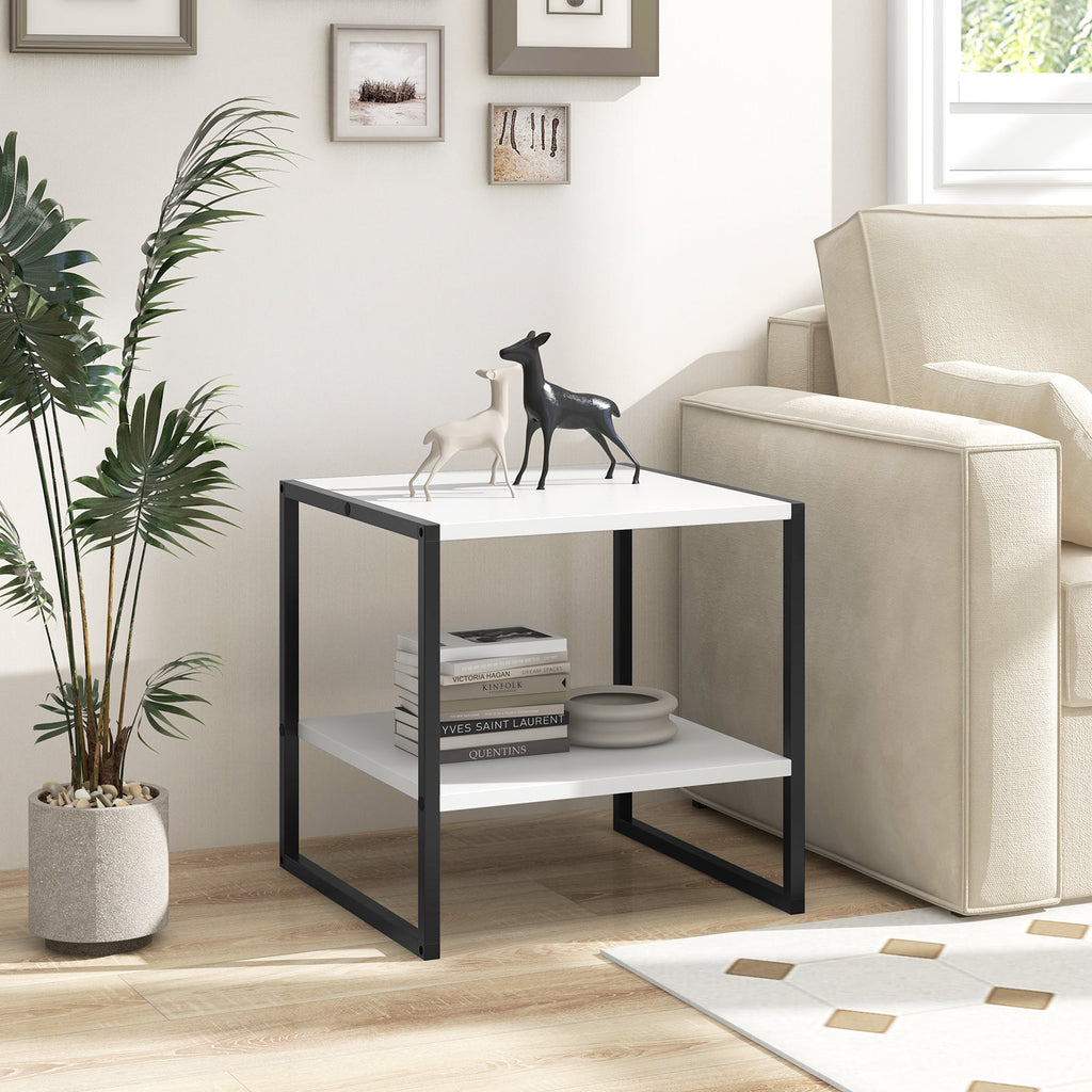 2-Tier Square End Table with Storage Shelf Reversible Design-White