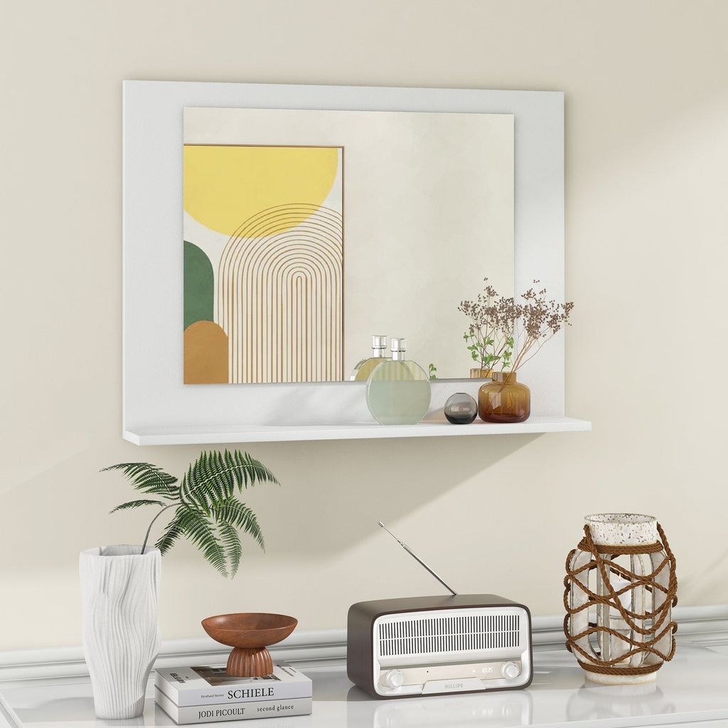 Rectangle Bathroom Mirror with Shelf 23.5 x 17.5 Inch and Wood Frame-Brown