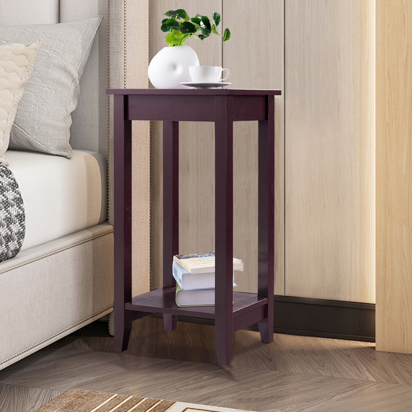 2-Tier Nightstand End Side Wooden Legs Table for Bedroom-Black